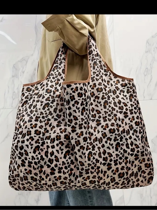 Handbags - Leopard Animal Print Reusable Tote Bag - Brown/Black
